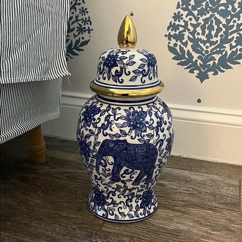 Blue and White Elephant Ceramic Jar with Gold Accent